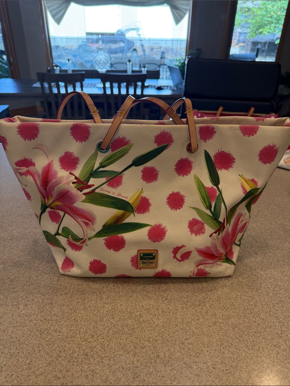 Dooney & Bourke Cream Tote with Pink Floral Print and Tan Straps